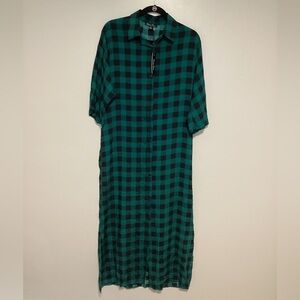 Christmas Dress Day Women Size S Maxi Plaid Green Holiday Split Button down